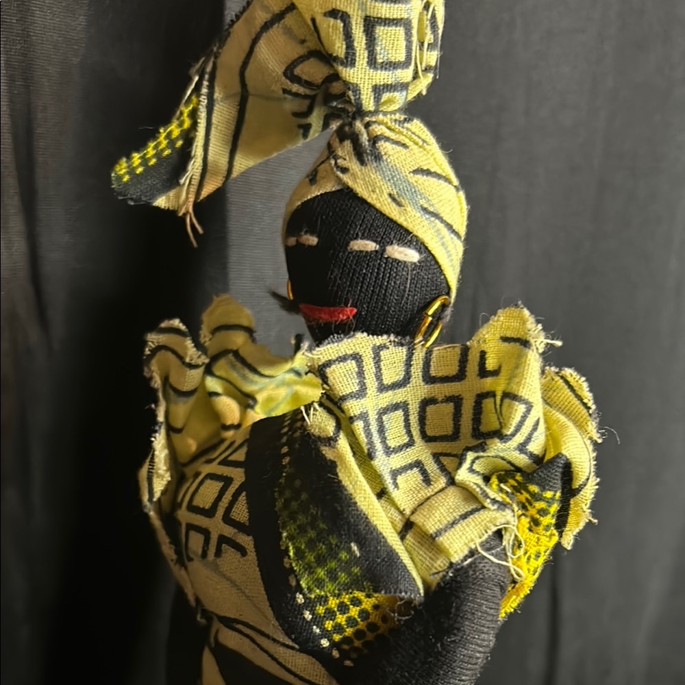Handcrafted Senegalese Doll Figurine African Folk Art Yellow Black Dress w Stand